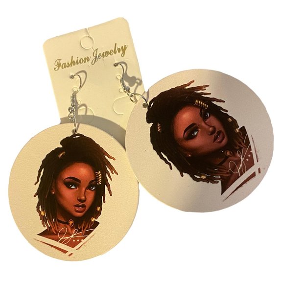 Wooden painted on both sides round drop earrings - Picture 1 of 3